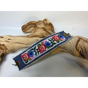 Handmade Denim Cuff Bracelet, Cross Stitch Floral , Colorful Folk Art Jewelry,
